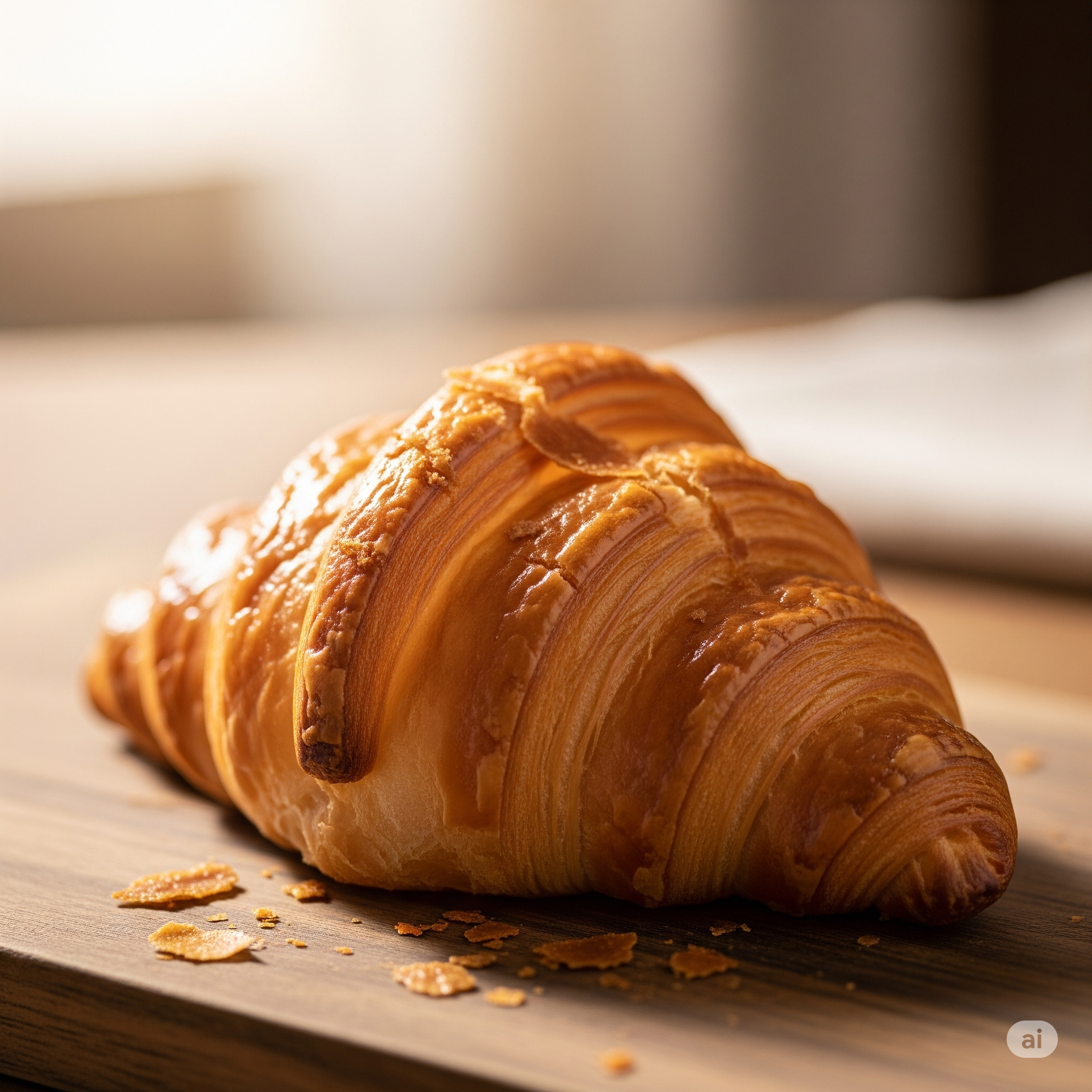 Um croissant de manteiga dourado e folhado, com a superfície brilhante e camadas visíveis, pousado sobre uma tábua de madeira.