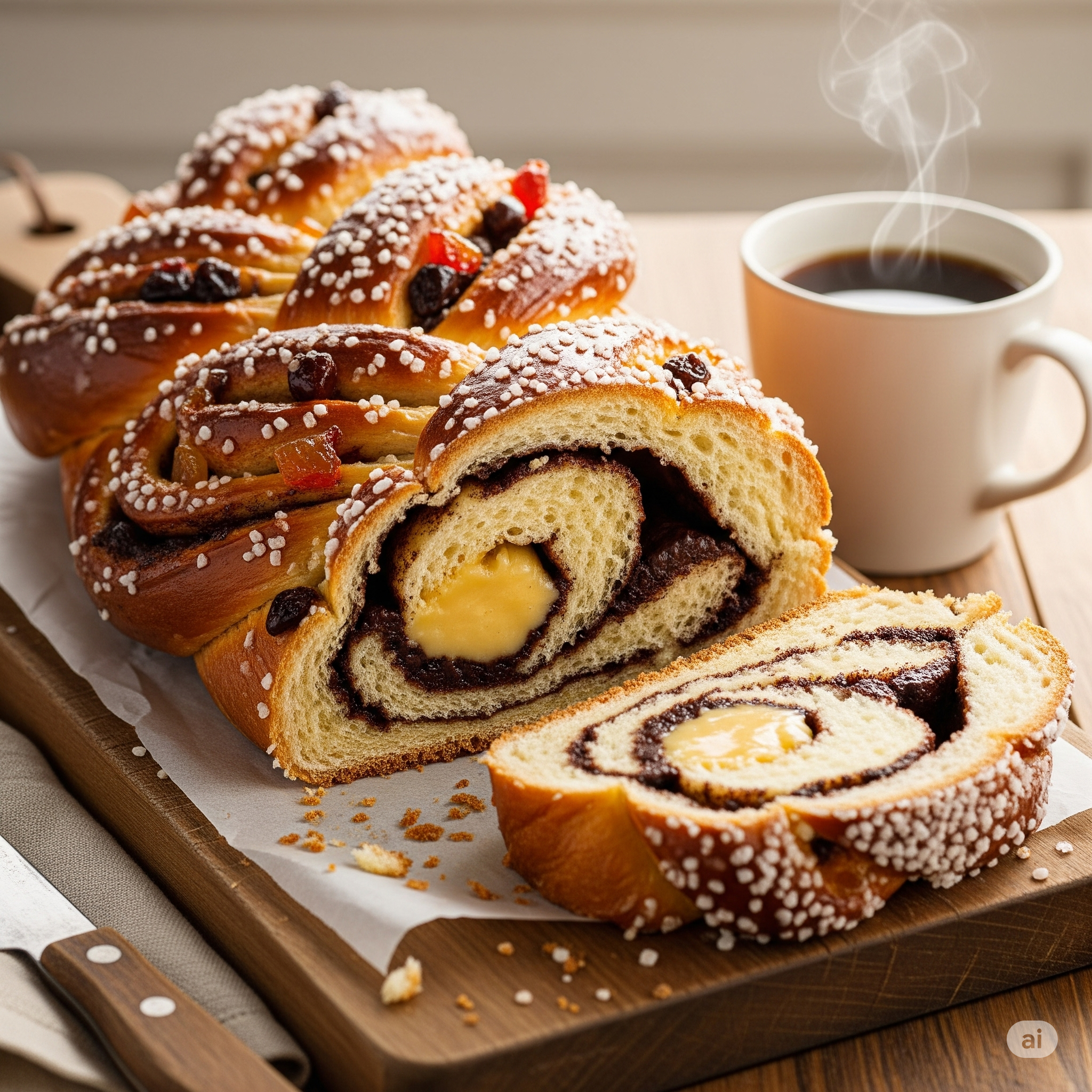 Pão doce trançado e recheado com creme e chocolate, com uma fatia cortada revelando o recheio.