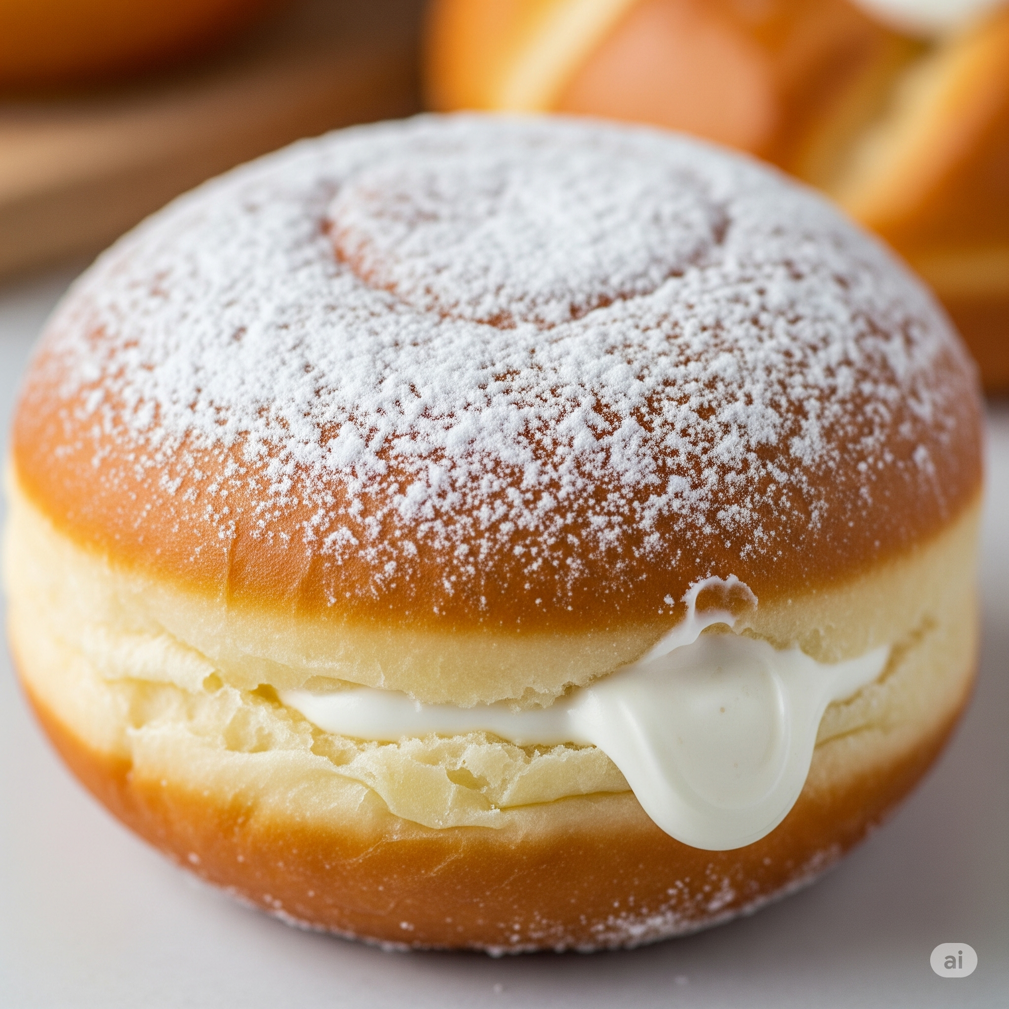 Um sonho com creme, polvilhado com açúcar em pó, mostrando o recheio de creme claro saindo de um lado.